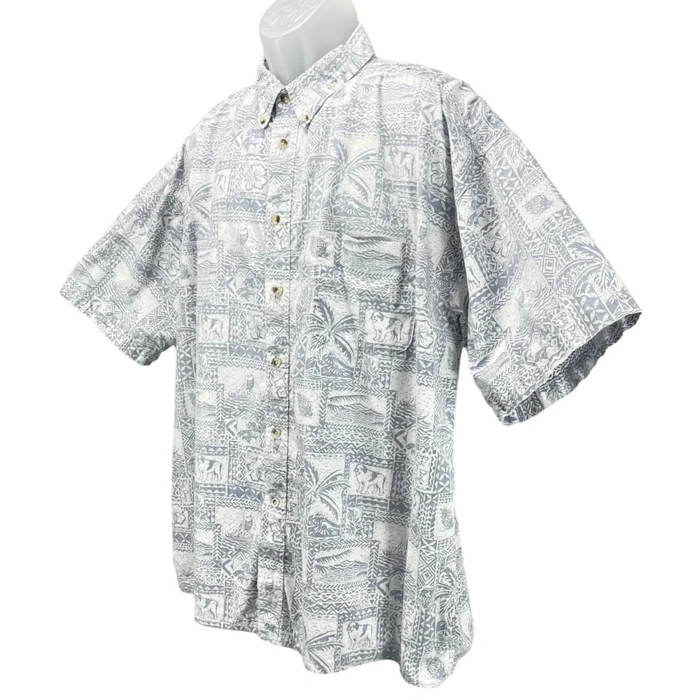 Big Dogs Men’s 2XL Blue White Hawaiian Aloha Shirt 100% Cotton Tropical
